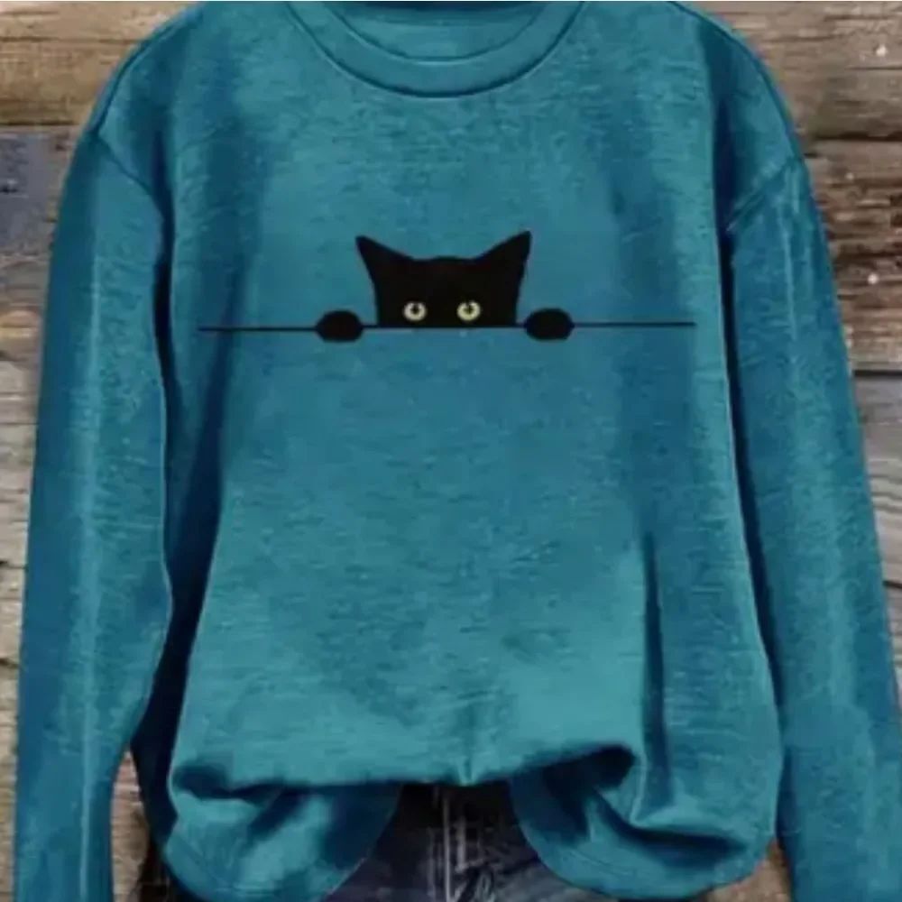 Black Cat Print Long-Sleeved Crew Neck Casual T-Shirt Sz 16 - Picture 4 of 4